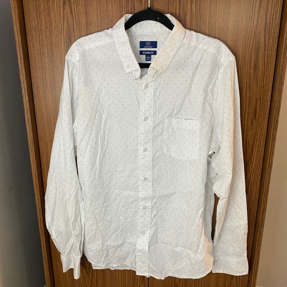 George Button Down Shirt Mens L White Navy Polka Dot Classic Fit Long Sleeve